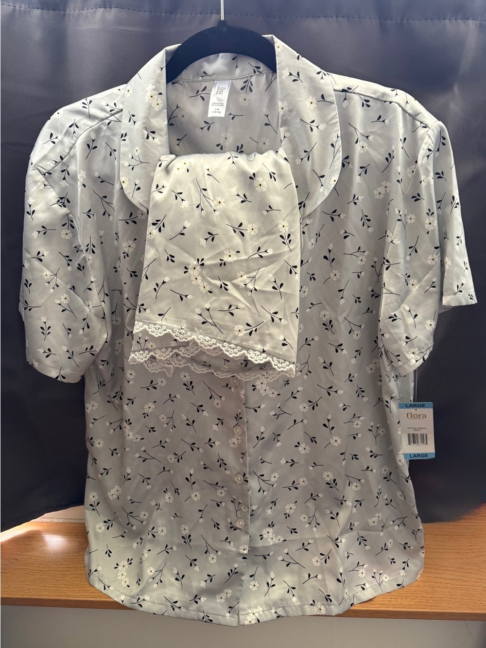 Flora Women's Light Gray Silky Short Shirt Lounge Pajama Set Size L